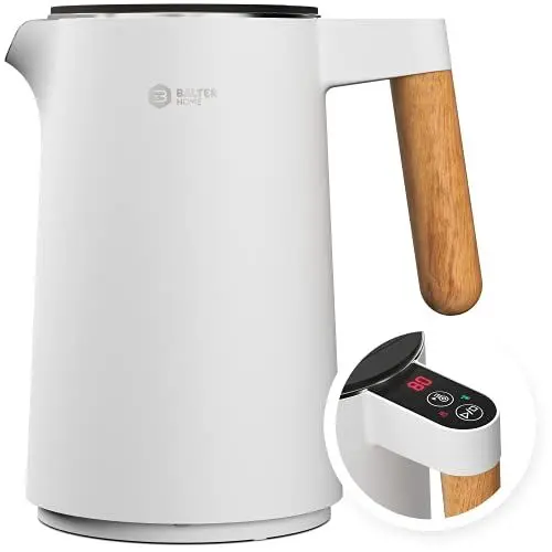Produktbild: BALTER Edelstahl Wasserkocher mit Temperatureinstellung, 45°C-100°C, Doppelwand, BPA frei, leise & kabellos, Warmhaltefunktion, Teekocher mit Temperaturanzeige, 1.5L, 2200W, Weiß
