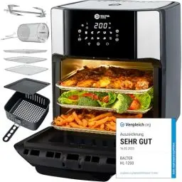 Produktbild: Balter Heißluftfritteuse HL-1200, Friteuse, 12 Liter, Mini Backofen, Dörrautomat Funktion, LCD Display, 10 Programme, inkl. Rezeptheft und Zubehör
