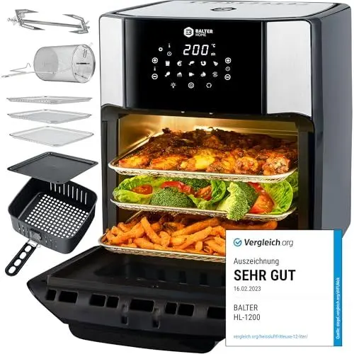Produktbild: Balter Heißluftfritteuse HL-1200, Friteuse, 12 Liter, Mini Backofen, Dörrautomat Funktion, LCD Display, 10 Programme, inkl. Rezeptheft und Zubehör