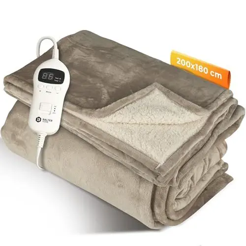 Produktbild: Balter Heizdecke mit Abschaltautomatik - 10 Heizstufen & Timer bis 10h - Weiches Flanell & Plüsch - Elektrische Wärmedecke - Kuscheldecke (Beige, 200 x 180cm)