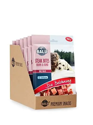 Produktbild: BALU Hundesnacks, Hunde Leckerlis fettarm, mit Huhn und Rind, für große und kleine Hunde, ideal für Training, Steak Bites BBQ Snack, 6 x 200 g Beutel (1200)