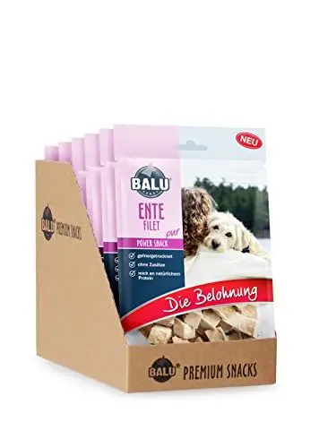Produktbild: BALU Hundesnacks, gefriergetrocknete Hunde Leckerlis, getreidefrei und ohne Zucker, 100% natürlich, 100% Fleisch, Ente, 6 x 50 g Beutel