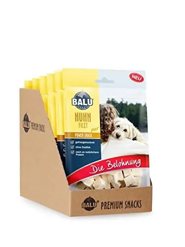 Produktbild: BALU Hundesnacks, gefriergetrocknete Hunde Leckerlis, getreidefrei und ohne Zucker, 100% natürlich, 100% Fleisch, Huhn, 6 x 50 g Beutel
