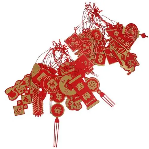 Produktbild: Baluue 2 Tüten Chinesische Neujahrsdekorationen Chinesische Lucky-Fu-Figuren Anhänger Rote Papierlaternen Ausgeschnittene Knoten Quastenornamente Für Das Jahr des Drachen 2024