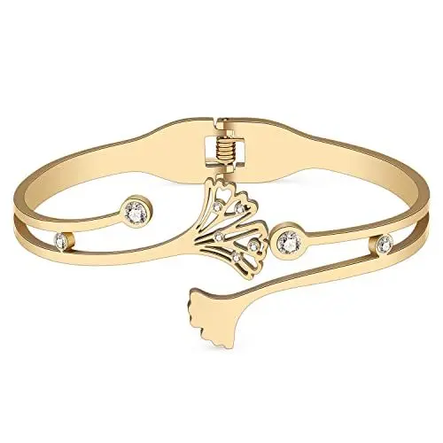 Produktbild: BAMAY Edelstahl Palm Blätter Armbänder Armreif 18K Gold Blätter armband für Frauen Mädchen Paar passende Armbänder Charms (Vergoldet Ginkgo Biloba Blätter Armband)