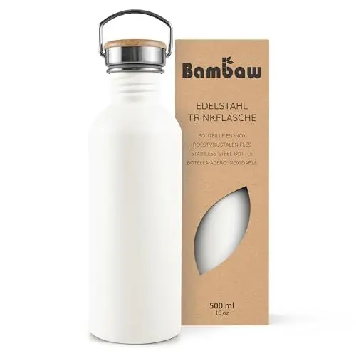 Produktbild: Bambaw Trinkflasche Edelstahl 500ml, Nicht-isolierte Trinkflasche Weiß, Fahrrad Trinkflasche Edelstahl, BPA Freie Trinkflaschen – Polarweiß
