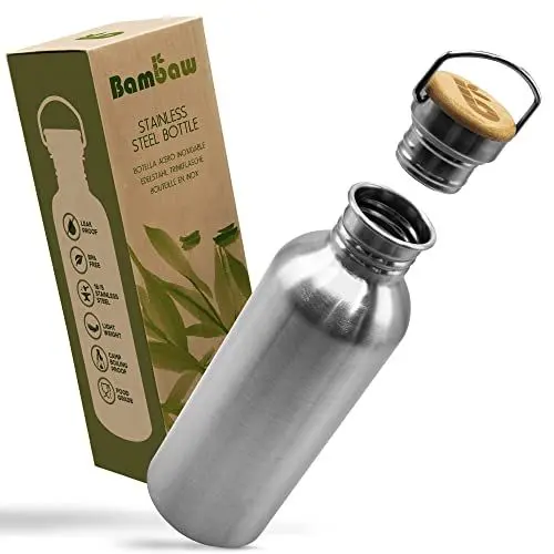 Produktbild: Bambaw – Edelstahl Trinkflasche 1l, Wasserflasche 1l, Nicht Isolierte Einwandige, Trinklasche Edelstahl, Auslaufsichere Metall-Wasserflasche, Outdoor-Trinkflasch, trinkflasche 1l, wasserflasche
