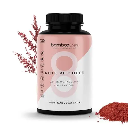 Produktbild: Bamboo Labs - Roter Reis Cholesterin Senken Kapseln mit Coenzym Q10, Monacolins K und Vitamin B3 für ein Gesundes Herz, 120 Roter Reis Kapseln von 100% Natürlichen, Cholesterin Senken Kapseln