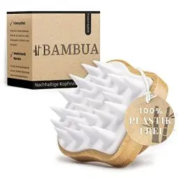Produktbild: BAMBUA Kopfhaut Massagebürste - (100% Plastikfrei) Shampoo Bürste aus Bambus - Anti-Schuppen Effekt - Zur Kopfmassage beim Duschen - Premium Kopfmassage Bürste - inkl. E-Book „Gesunde Kopfhaut“