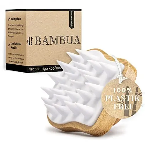 Produktbild: BAMBUA Kopfhaut Massagebürste - (100% Plastikfrei) Shampoo Bürste aus Bambus - Anti-Schuppen Effekt - Zur Kopfmassage beim Duschen - Premium Kopfmassage Bürste - inkl. E-Book „Gesunde Kopfhaut“