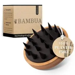 Produktbild: BAMBUA Kopfhaut Massagebürste - (100% Plastikfrei) Shampoo Bürste aus Bambus - Anti-Schuppen Effekt - Zur Kopfmassage beim Duschen - Scalp Massager - inkl. E-Book „Gesunde Kopfhaut“ (Schwarz)