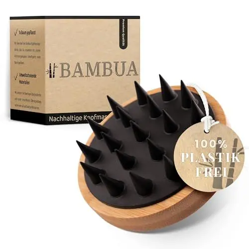 Produktbild: BAMBUA Kopfhaut Massagebürste - (100% Plastikfrei) Shampoo Bürste aus Bambus - Anti-Schuppen Effekt - Zur Kopfmassage beim Duschen - Scalp Massager - inkl. E-Book „Gesunde Kopfhaut“ (Schwarz)