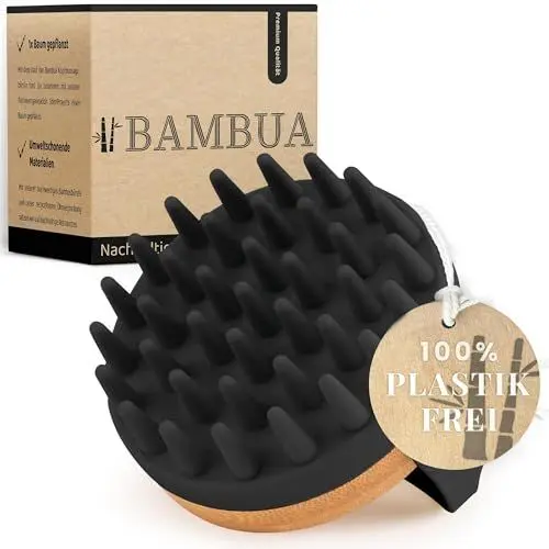 Produktbild: BAMBUA Kopfhaut Massagebürste - (Anti-Schuppen Effekt) Kopfmassage Bürste - Zur Kopfmassage beim Duschen - Premium Scalp Massager - inkl. E-Book „Gesunde Kopfhaut“ (Schwarz)