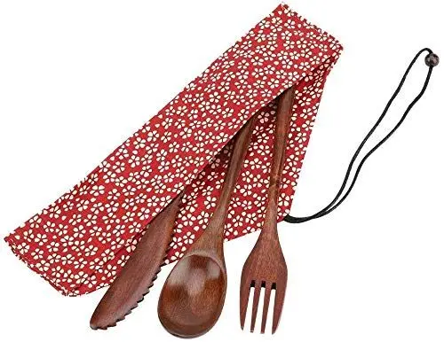 Produktbild: Bambus Geschirr Set, Japanischen Stil Wiederverwendbare Besteck Reisegeschirr Camping Besteck, Messer Gabel Löffel mit Roter Aufbewahrungstasche, Geschenkideen