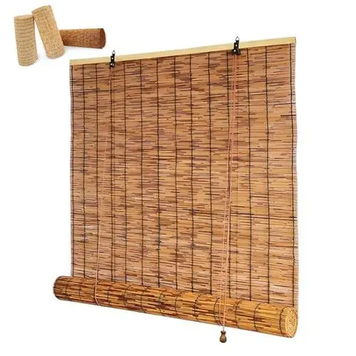 Produktbild: Bambus Rollo Jalousine Natür Bambusrollo Wetterfest Mit Lifter Retro Schilf Vorhang 90 100 120 150 cm Breit Sonnenschutz Sichtschutz Rollo Anti-UV Bambus Rollo Outdoor Raffrollo Mit Hakenaufhängung (