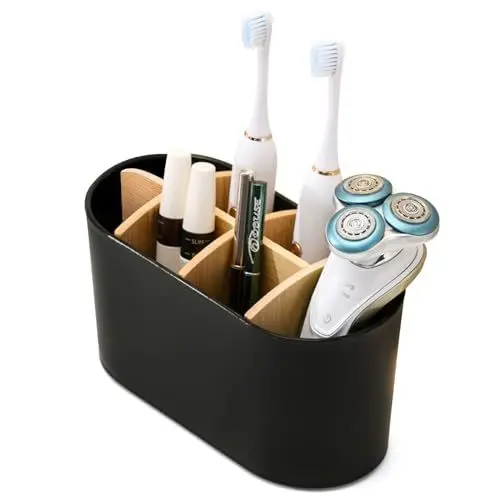 Produktbild: Bambus Trennwände Toothbrush Holder, Zahnbürstenhalter mit 6 Zahnbürstenfächer + Zahnpastafach, Multifunktional Elektrische Zahnbürste Halterung, Organizer Bad Geeignet für Büro Wohnzimmer