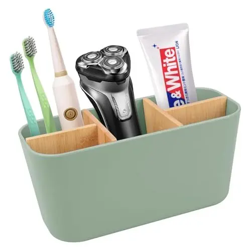 Produktbild: Bambus Trennwand Zahnbürstenhalter Elektrische Zahnbürste, Kunststoff Toothbrush Holder mit 5 Fächer, Halterung Elektrische Zahnbürste, Zahnbürsten Organizer Familie, Elektrische Zahnbürste Organizer
