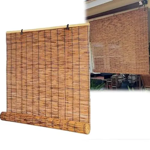 Produktbild: Bambusrollo Aussenbereich Wetterfest Natür Bambus Rollo 100 120 140 150 165cm Breit Schilf Vorhang Bambus Sichtschutzrollo für Balkon Terrasse Veranda Pergola