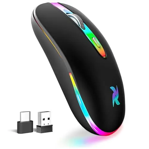 Produktbild: BAMCOO Maus Kabellos 2.4G USB Funkmaus 3DPI Wiederaufladbare Laptop mit USB-Empfänger 7 Typen LED Beleuchtete für Laptop, PC, iOS, Android, iPad, Windows (Schwarz-1)