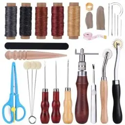 Produktbild: Bamru 29-teiliges Leder-Nähwerkzeug-Set, Leder DIY Werkzeuge für Anfänger, Leder Nähen Set mit Wachsfaden, Nähen Nadeln, Ahle, Wolle Dauber und Andere Zubehör für Leder Nähen Buchbinden