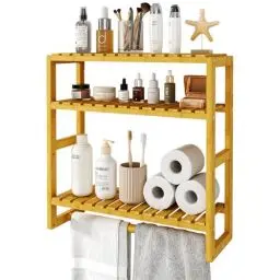 Produktbild: Bamworld Badezimmer Regal Badmöbel Bambus 3 Etagen Organizer Badezimmermöbel Für die Wand Platzsparend Modern （Bambus）（42x15x42cm）
