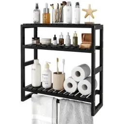 Produktbild: Bamworld Badezimmer Regal Badmöbel Bambus 3 Etagen Organizer Badezimmermöbel Für die Wand Platzsparend Modern （Schwarz）（42x15x42cm）