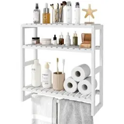 Produktbild: Bamworld Badezimmer Regal Badmöbel Bambus 3 Etagen Organizer Badezimmermöbel Für die Wand Platzsparend Modern （weiß）（42x15x42cm）