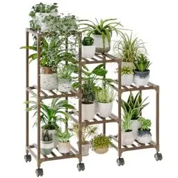 Produktbild: Bamworld Pflanzenständer für Zimmerpflanzen Holz Outdoor gestuftes Pflanzenregal 3 Reifen 7 Topfleiter Pflanzenhalter Pflanztopf Ständer für Fenster Garten Balkon Terrasse Wohnzimmer (mit rollen