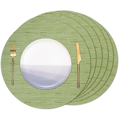 Produktbild: Banchif Tischsets Rund, Tischsets Abwaschbar 6er Set Platzdeckchen PVC Rund rutschfest Platzsets Abwischbar Gewebte Vinyl Platzsets Durchmesser 38 cm, Grün