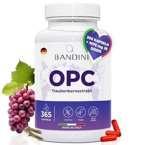 Produktbild: Bandini® OPC Traubenkernextrakt 365 Kapseln | Hochdosiert mit 1076mg je dosis | Höchster Gehalt nach HPLC | Aus italienischen Weintrauben | 1052mg Extrakt mit 999,4mg OPC + 24mg Vitamin C | 6 Monate