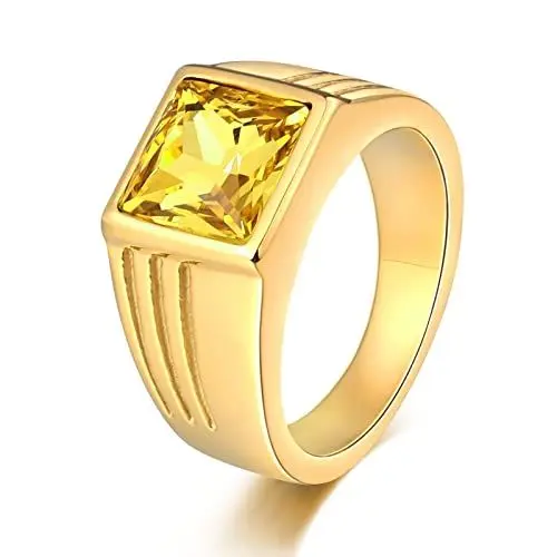 Produktbild: Banemi Daum Ring Herren, Edelstahl Ringe Punk Herren Gelb Rechteckig Zirkonia Eheringe für Herren Größe 60 (19.1)