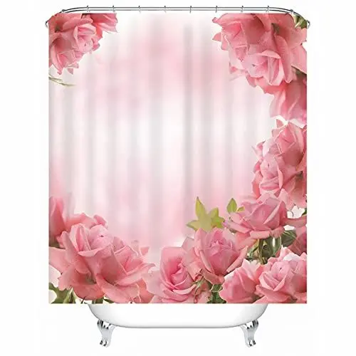 Produktbild: Banemi Duschvorhang Badewanne, Rose Blumen 3D Muster Bath Curtain mit Duschvorhang Ringe, Polyester, 90 x 180 cm, Rosa