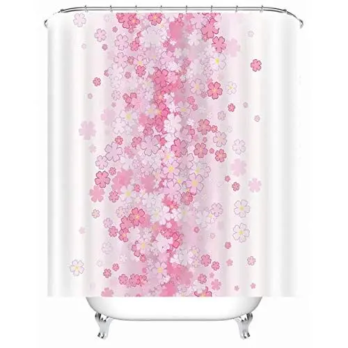 Produktbild: Banemi Duschvorhang Motiv Waschbar, Blumen Pattern Bad Vorhang mit Haken, Polyester, 120 x 180 cm, Weiß Rosa