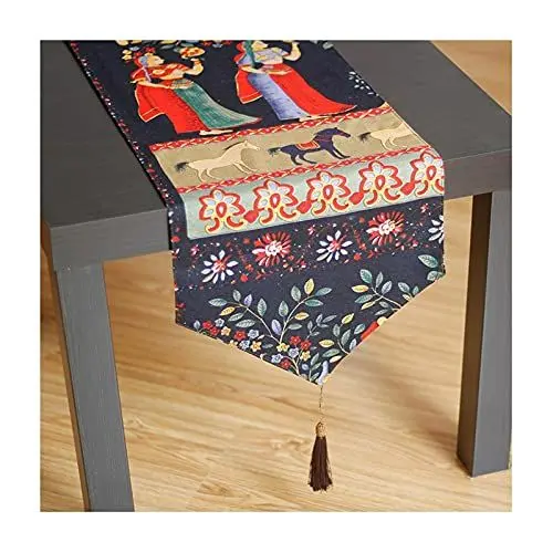 Produktbild: Banemi Tischläufer My Home, Gartentischdecke Dunkelblau und Rot Ethnische Blumen und Muster Bettwäsche aus Baumwolle 30X160cm Tischdeko Wohnzimmer