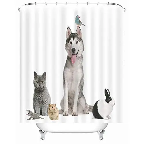 Produktbild: Banemi Wasserdichter Duschvorhang Aus Polyestergewebe, Hund Katze Kaninchen Vogel 3D Motiv Badevorhang mit Haken, Polyester, 150 x 200 cm, Weiß