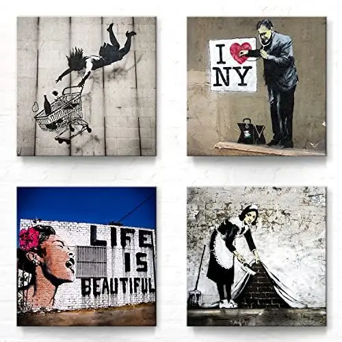 Produktbild: Banksy Bilder 4-er Set als Leinwandbilder. Jedes Bilderset-F Wandbild ist 50x50cm groß und Aufhängefertig zum Dekorieren. Banksy Graffiti Kunst für die 4 Wände. Ideal auch zum verschenken