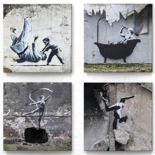 Produktbild: Banksy Ukraine Leinwand-Bilder im coolen 4er-Set, jedes Bilderset-L Wall Art Wandbild ist 30x30cm groß. Tolle abstrakte Kunstdrucke zur Wand-Deko für Wohnzimmer, Schlafzimmer, Flur, Büro
