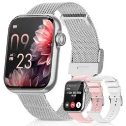Produktbild: BANLVS Smartwatch Damen mit Telefonfunktion, 1,85'' Zoll Fitnessuhr mit 110+ Sportmodi, SpO2, Herzfrequenz, Schlafmonitor, IP68 Wasserdicht Fitness Tracker für iOS und Android,Silber