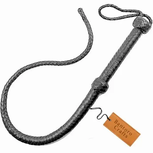 Produktbild: Bantoro Crafts Flogger/Bullpeitsche aus echtem Rindsleder, 8 Zöpfe, 0,90 m lang, mit Paddel auf der Oberseite, geflochtene Peitsche