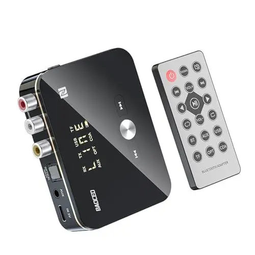 Produktbild: BAOCED Bluetooth Transmitter Kabellos Bluetooth Adapter 2-in-1 Bluetooth 5.0 Sender und Empfänger mit AUX- und RCA-, NFC Stereoanlage Audioadapter mit Digitalanzeige für TV/PC/Kopfhörer/Lautsprecher