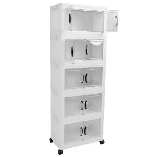 Produktbild: BAOFUYA Faltbarer Aufbewahrungsschrank aus Kunststoff, Schrank-Organizer, Schrank-Kleideraufbewahrung, Organizer, Stapelbarer Aufbewahrungsbehälter mit Rollen für Wohnzimmer, (5 Schichten)