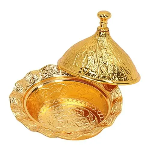 Produktbild: BAOFUYA Goldfarbene Bonbonschale Messing Zuckerdose Türkische Bonbonschale Goldene Zuckerdose mit Deckel für die Aufbewahrung von Lebensmitteln und die Organisation der Küche