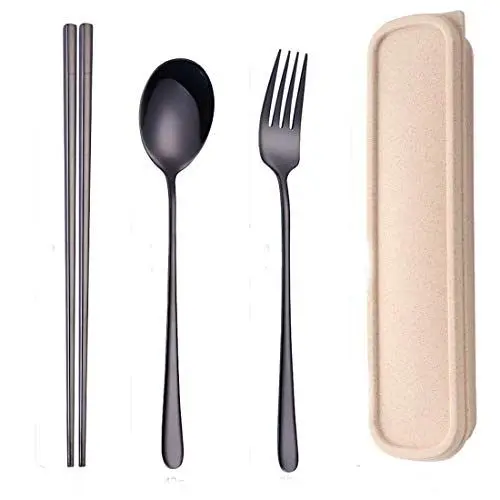 Produktbild: Baomasir Edelstahl Reisebesteck Campingbesteck-Essstäbchen Löffel Gabel Set mit Aufbewahrungsbox für Outdoor-Camping, Reisen, Picknick, BBQ, Schule, Rucksack（Schwarz）