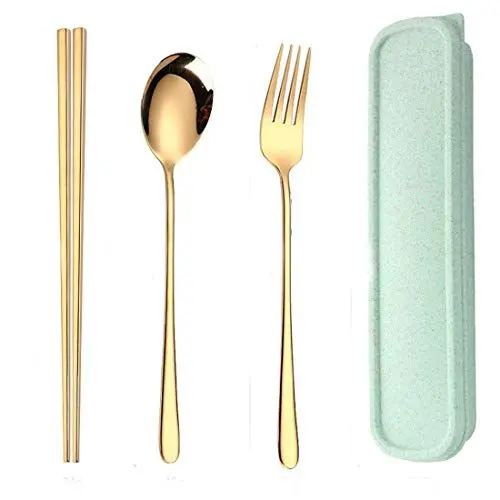 Produktbild: Baomasir Edelstahl Reisebesteck Campingbesteck-Essstäbchen Löffel Gabel Set mit Aufbewahrungsbox für Outdoor-Camping, Reisen, Picknick, BBQ, Schule, Rucksack（Gold）