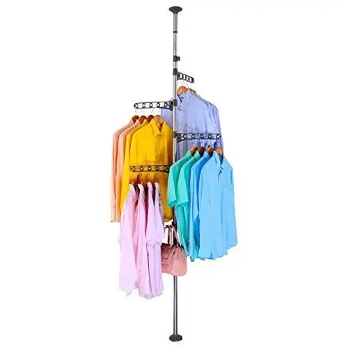 Produktbild: BAOYOUNI 4-Tier Stehend Wäscheständer kleiderständer Teleskopstange Kleiderbügel Organizer Boden bis zur Decke Höhenverstellbar Metall Teleskop Eckspannung Pole Hängendes Regal, Grau