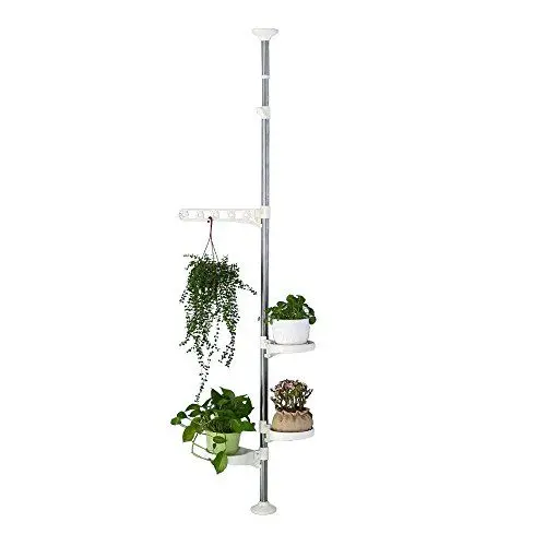 Produktbild: BAOYOUNI 4 Ebenen Teleskop Pflanzenregal Innen Blumenregal Pflanztreppe Blumentreppe Regal Höhenverstellbar Teleskopstange aus Metall mit 3 Topflappen und 1Haken, Elfenbein