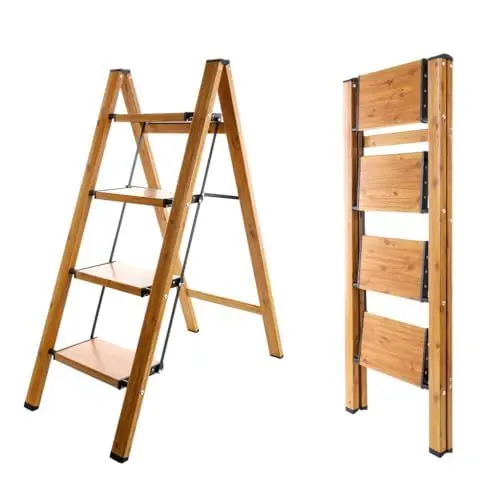 Produktbild: BAOYOUNI 4 Stufen Klappleiter Aluminium Leiter Trittleiter Klappbar Tragbare Stufenleiter Haushaltsleiter mit Breitem Anti-Rutsch Pedal, Tragfähigkeit 150 kg, Holzmaserung Farbe+Schwarz