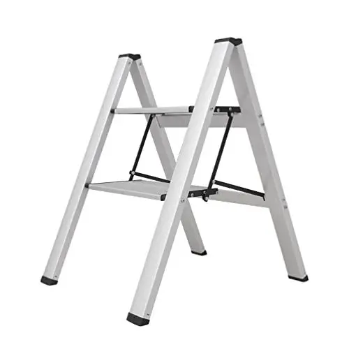 Produktbild: BAOYOUNI Trittleiter Klappbar 2 Stufen Klapptritt Stufenleiter Leichte Aluminium Sicherheits Haushaltsleiter, 17,5cm Breite Stufen, Anti-Rutsch für Haushalt, Büro, Küche, Dekorieren, Lackieren, Silber