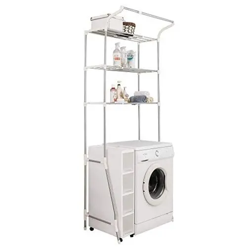 Produktbild: BAOYOUNI Waschmaschinenregal Toilettenregal Platzsparendes Badezimmerregal aus Metall Bad WC Stand Regal mit 3 Ablagen Breite Verstellbare Lagerregal (58-95) x 49 x 210 cm, Elfenbein