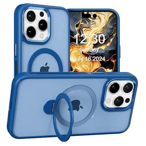 Produktbild: BARALARIQIU Magnetisch Hülle für iPhone 15 Pro Max Kompatibel mit Mag-Safe Harter PC Stoßsicher Schutzhülle Cover mit 360°drehbarer Ständer Blau